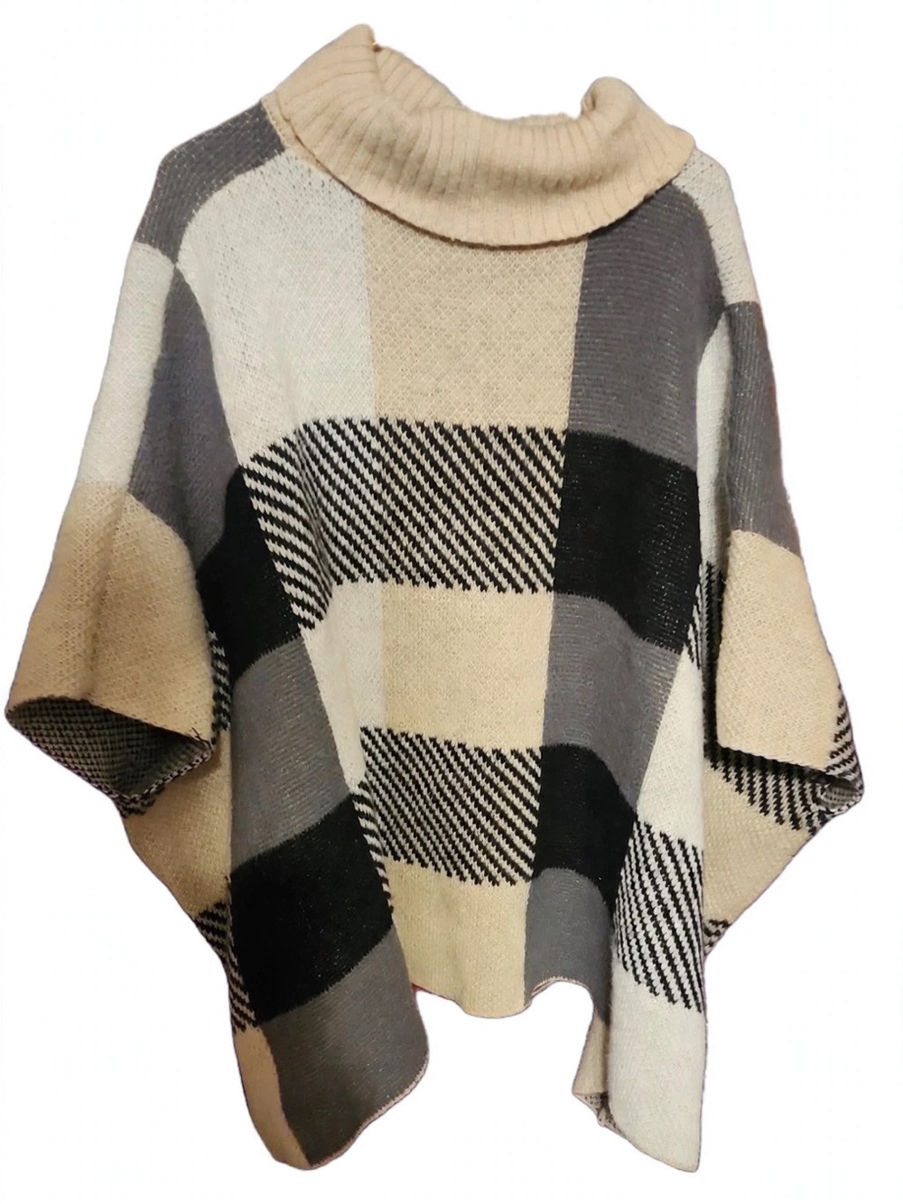 SHEIN Neutral Plaid Turtleneck Poncho in Cream, Gray & Black